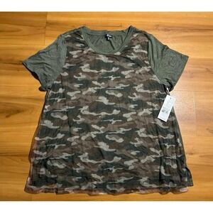 Womens NWT Hannah Camo Green Brown Sheer Crewneck Shortsleeve Shirt